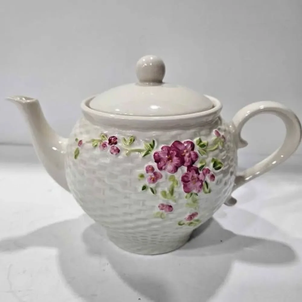 Ceramic Teapot with Floral Design and Basket Weave Texture From Teleflora